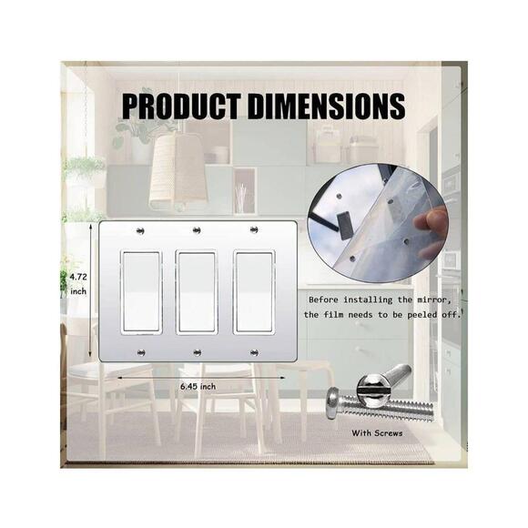 Triple Rocker Silver Mirrored Switch Plate 4.72 x 6.45 x 0.23 inches - Picture 2 of 3